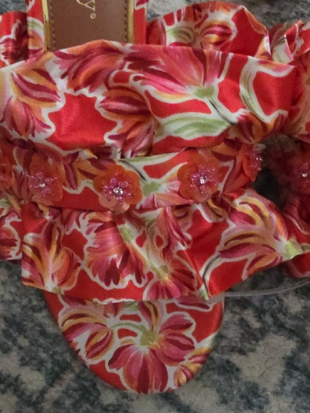 Copper Key Red Floral Ruffle Slide Sandals - Picture 3 of 8